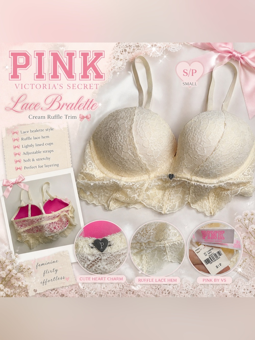 PINK Victoria’s Secret Lace Bralette Cream Ruffle Trim Small